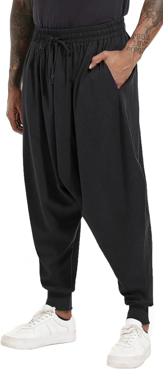 PACEIADTA Mens Casual Harem Pants Baggy Aladdin Hippie Elastic Waist Drop Crotch Trousers