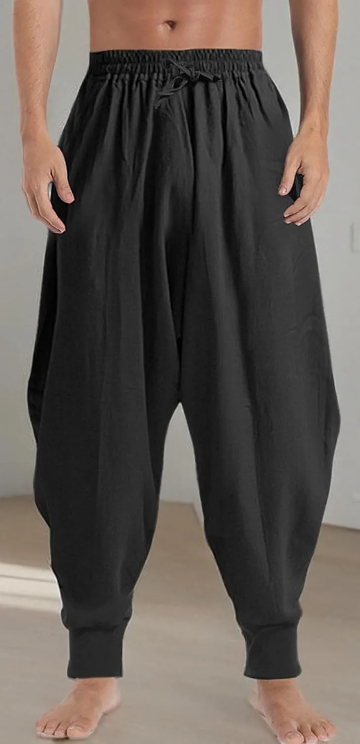 PACEIADTA Mens Casual Harem Pants Baggy Aladdin Hippie Elastic Waist Drop Crotch Trousers