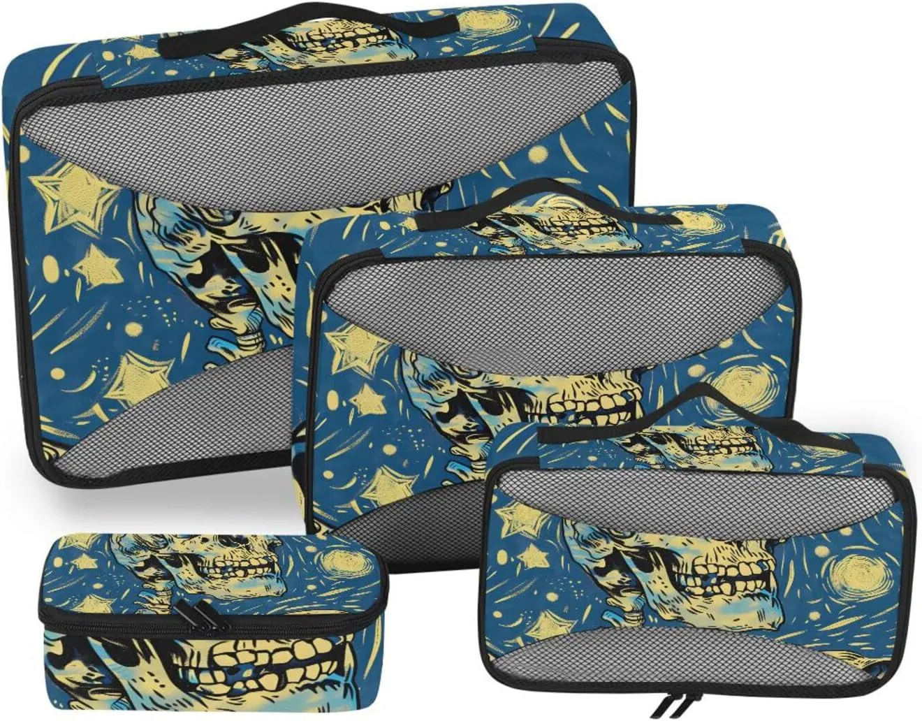 Packing Cubes for Travel 4 Set Skeleton Head Skull Gothic Blue Luggage Set Suitcase Organizer Bags Mesh Accessories Storage Pouch Toiletry Packing Cubes