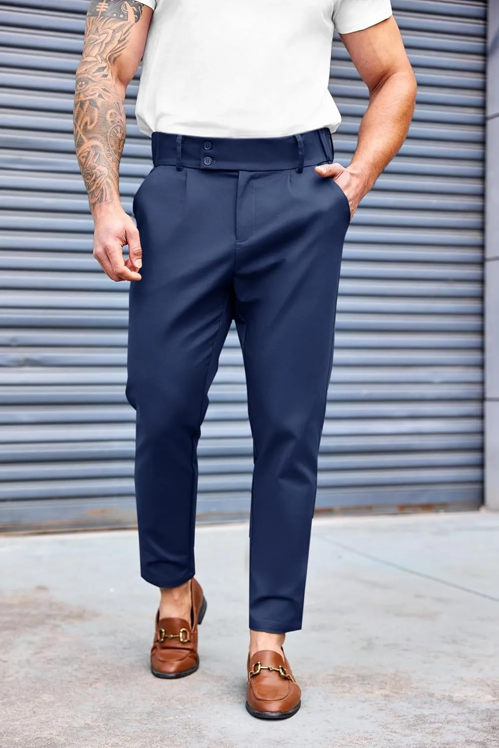 PASLTER Mens Chino Pants Slim Fit Flat Front Stretch Skinny Tapered Dress Pants Casual Trousers