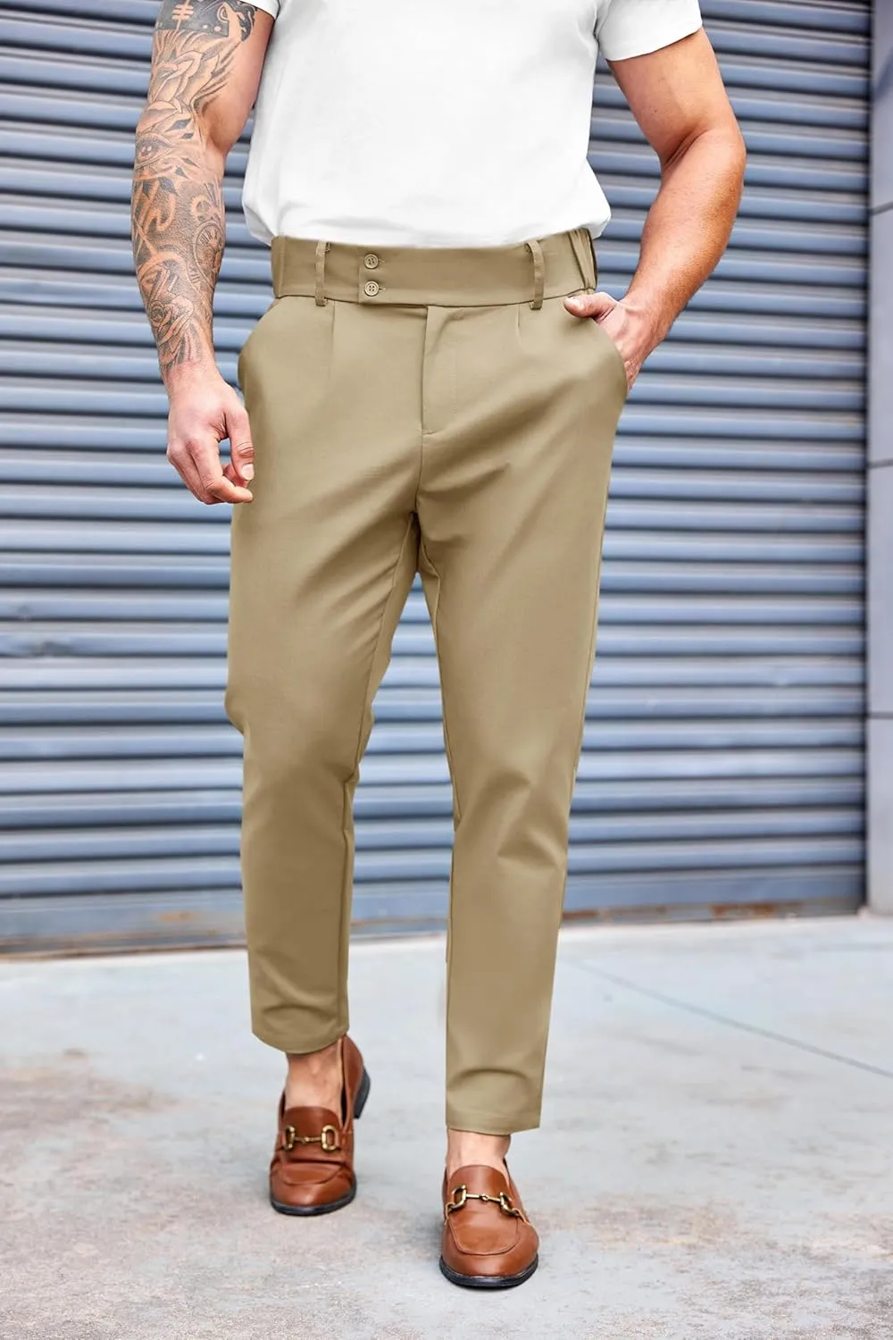 PASLTER Mens Chino Pants Slim Fit Flat Front Stretch Skinny Tapered Dress Pants Casual Trousers
