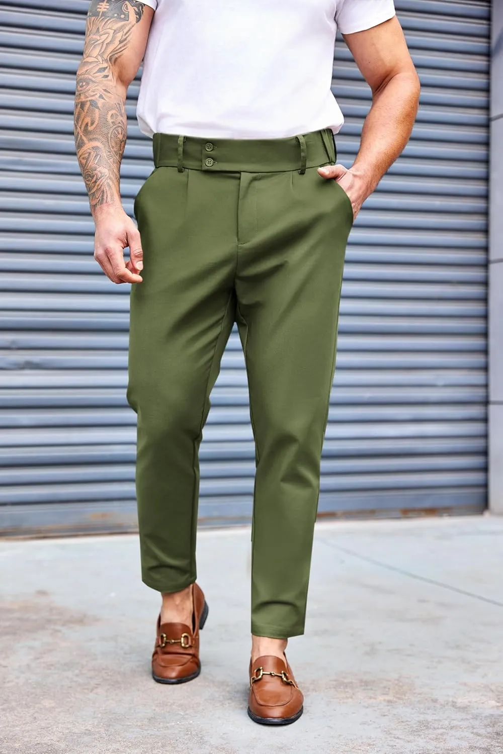 PASLTER Mens Chino Pants Slim Fit Flat Front Stretch Skinny Tapered Dress Pants Casual Trousers