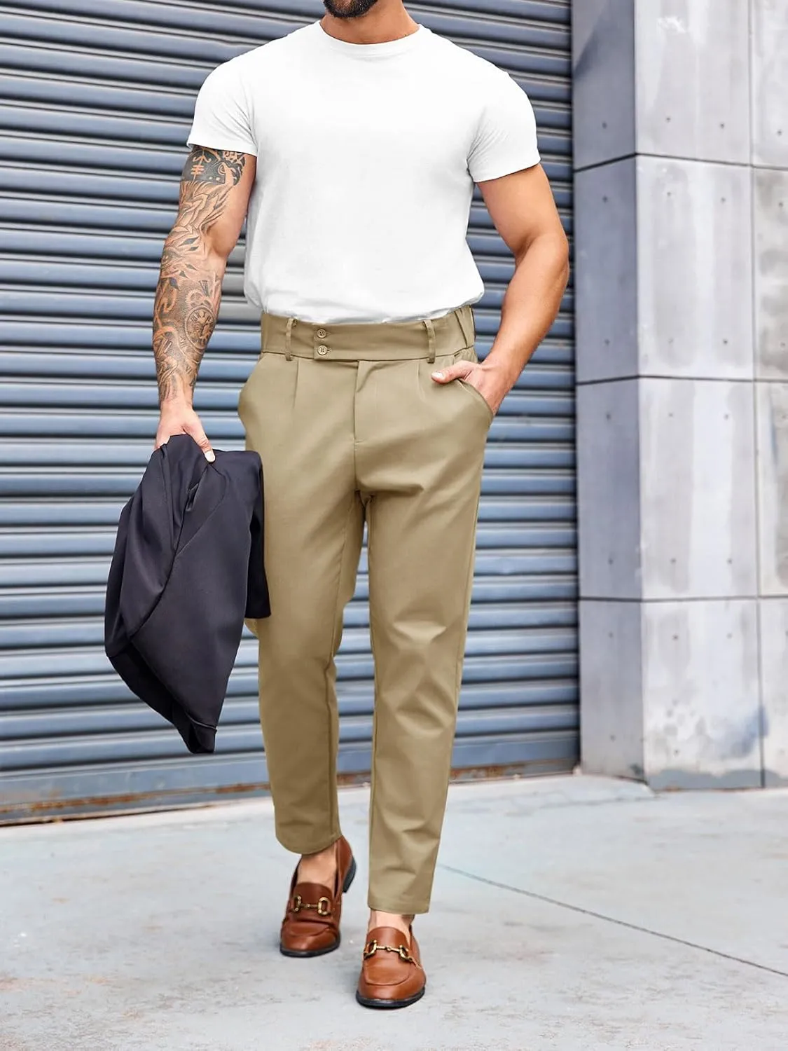 PASLTER Mens Chino Pants Slim Fit Flat Front Stretch Skinny Tapered Dress Pants Casual Trousers