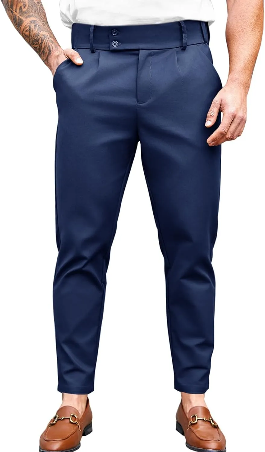 PASLTER Mens Chino Pants Slim Fit Flat Front Stretch Skinny Tapered Dress Pants Casual Trousers