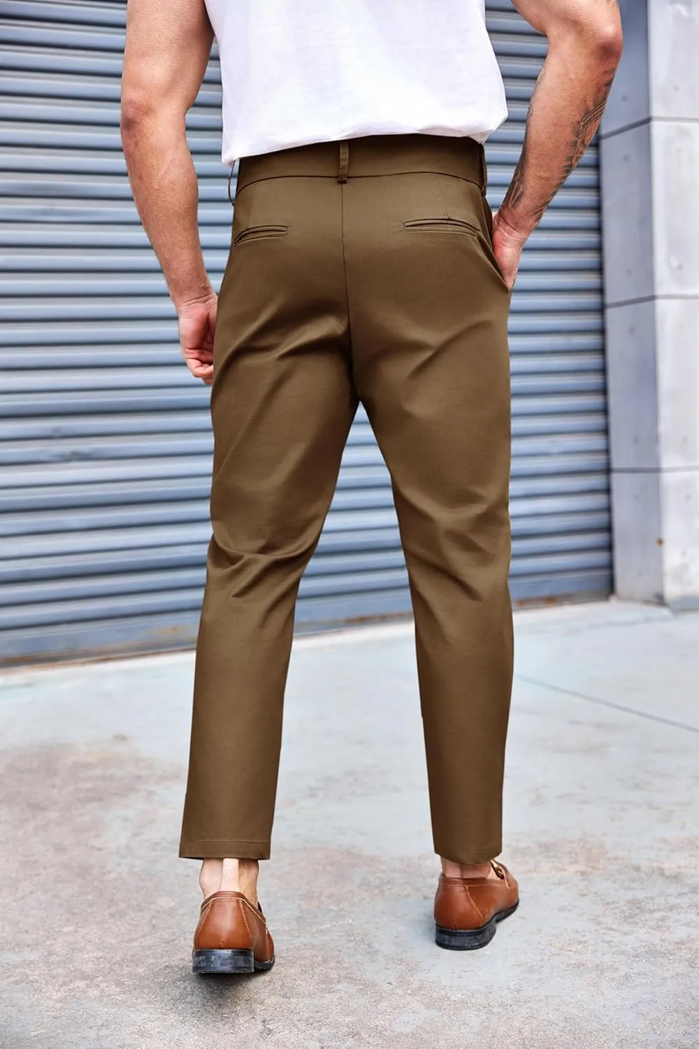PASLTER Mens Chino Pants Slim Fit Flat Front Stretch Skinny Tapered Dress Pants Casual Trousers