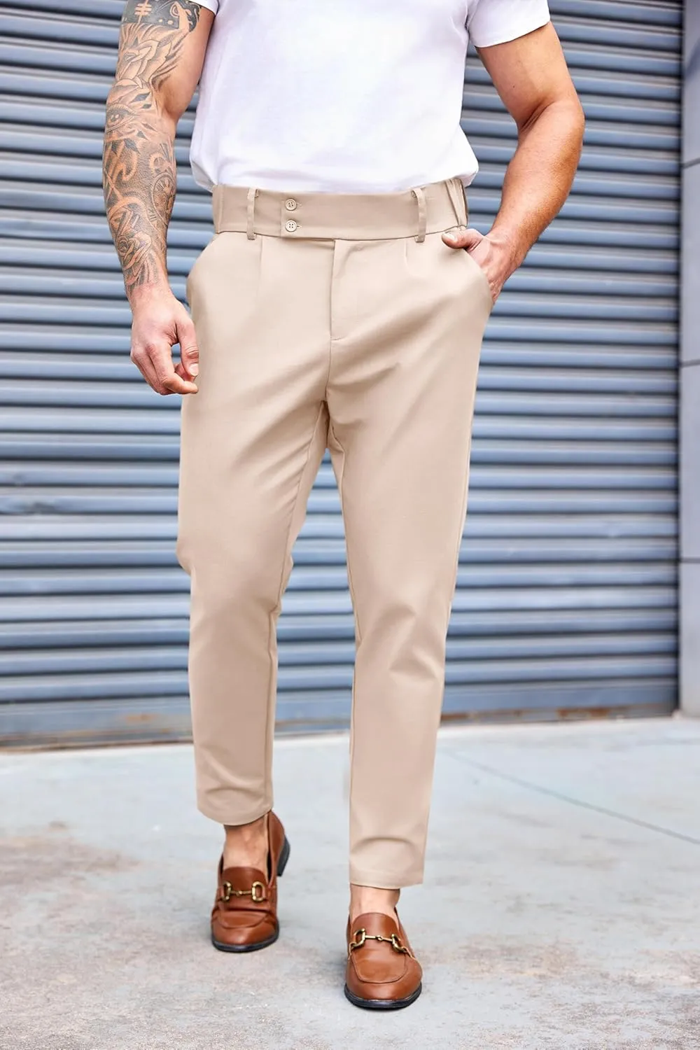 PASLTER Mens Chino Pants Slim Fit Flat Front Stretch Skinny Tapered Dress Pants Casual Trousers