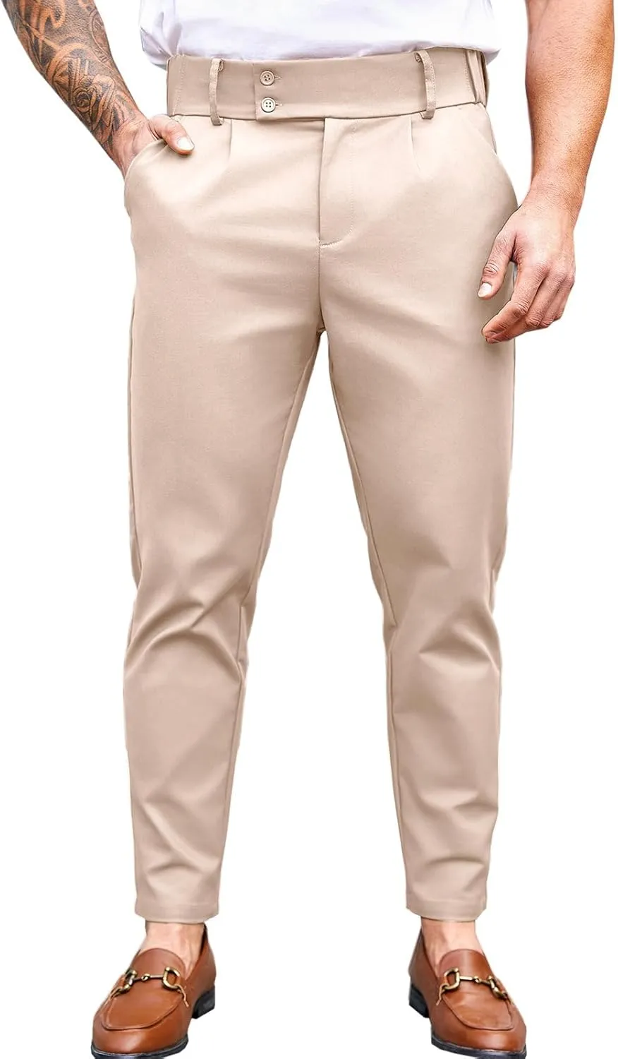 PASLTER Mens Chino Pants Slim Fit Flat Front Stretch Skinny Tapered Dress Pants Casual Trousers