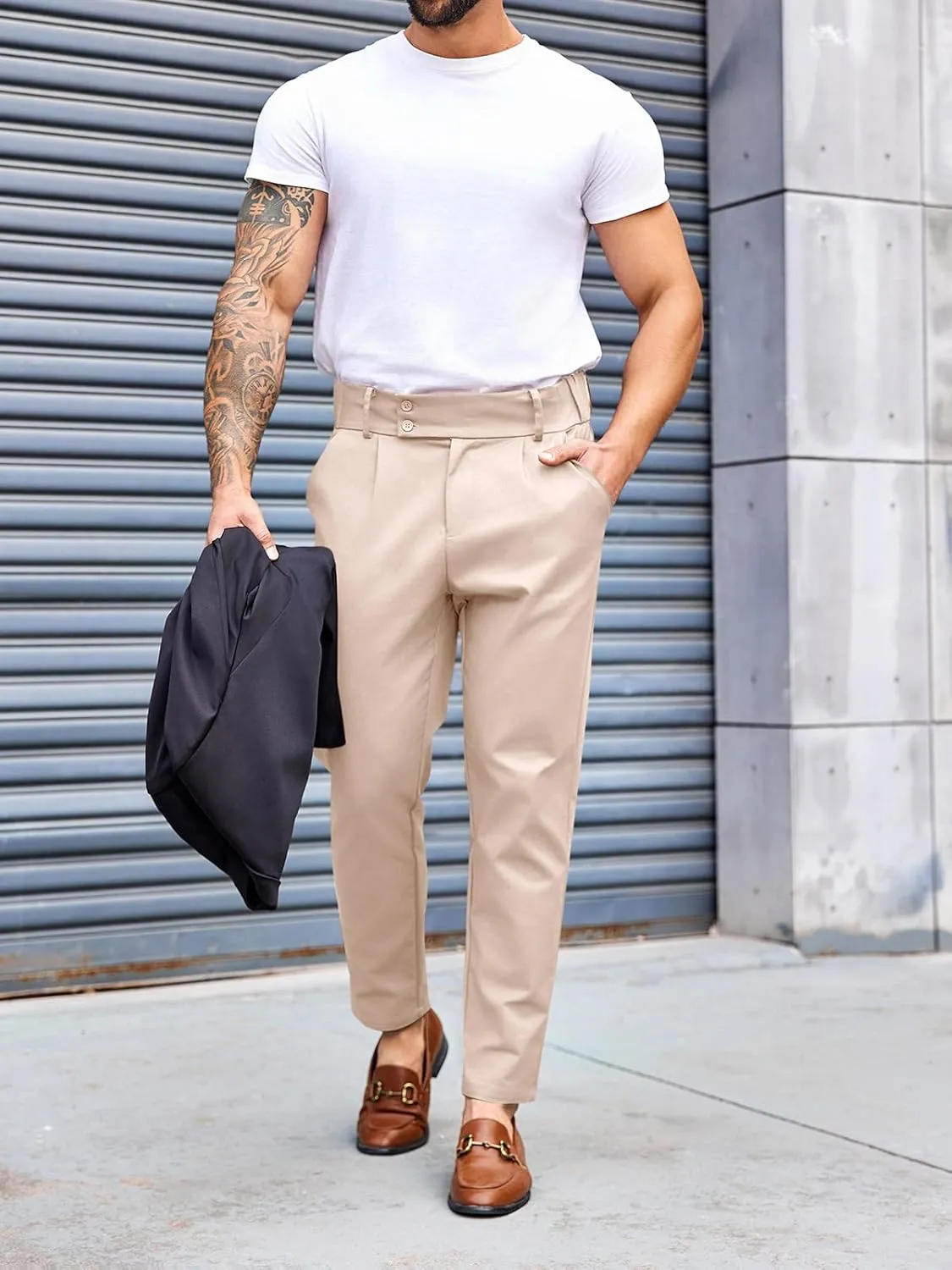 PASLTER Mens Chino Pants Slim Fit Flat Front Stretch Skinny Tapered Dress Pants Casual Trousers