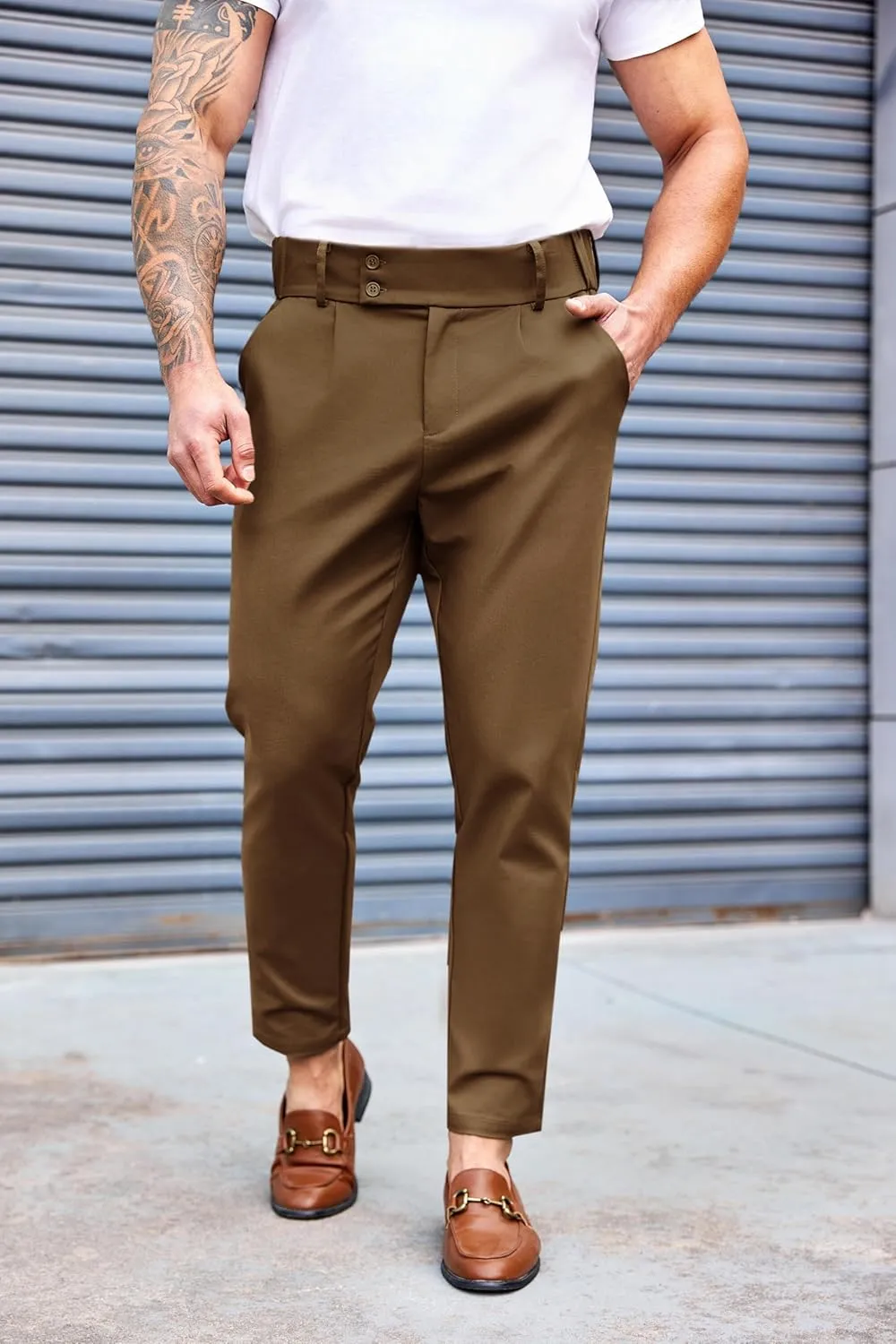 PASLTER Mens Chino Pants Slim Fit Flat Front Stretch Skinny Tapered Dress Pants Casual Trousers