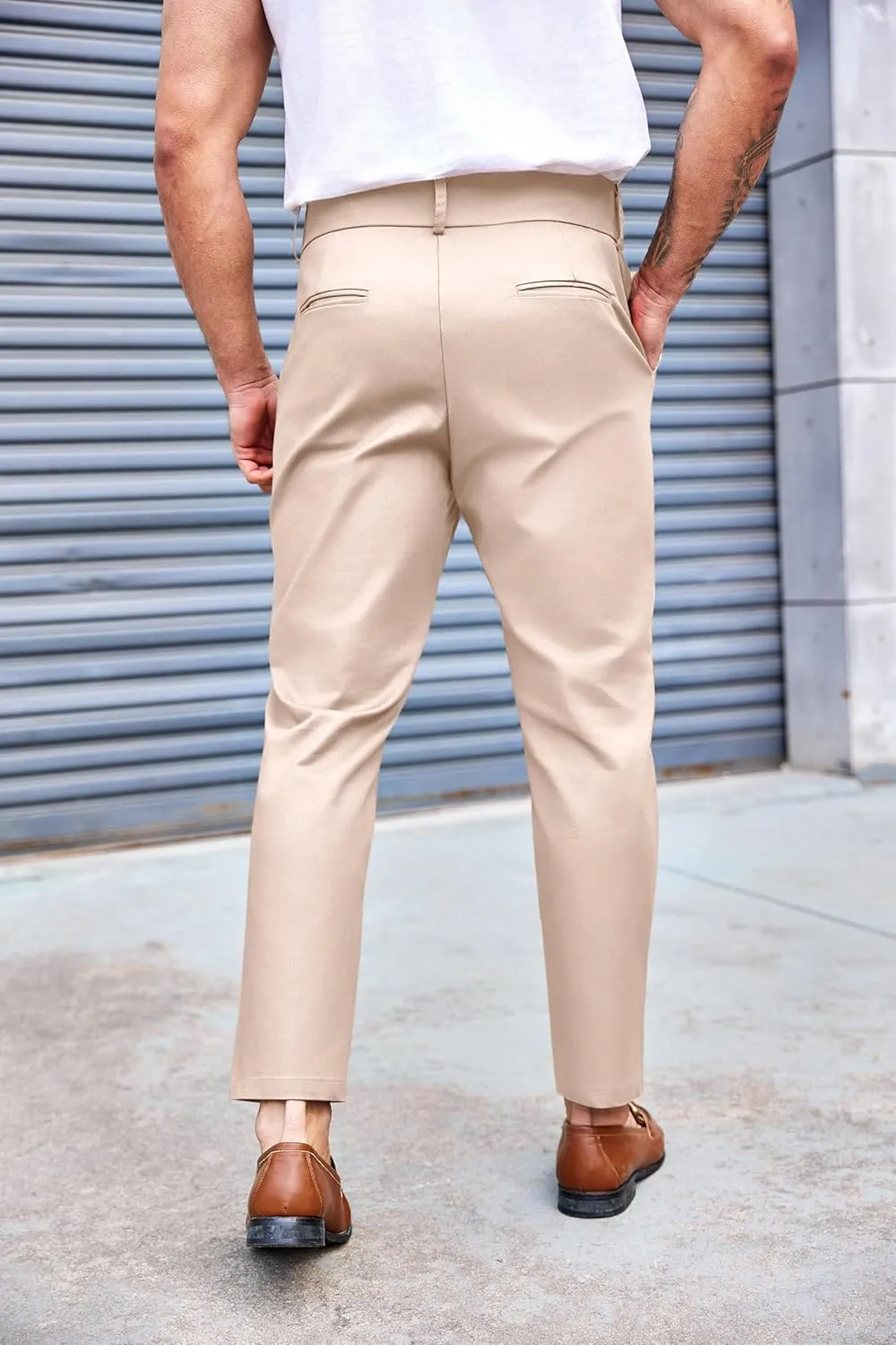 PASLTER Mens Chino Pants Slim Fit Flat Front Stretch Skinny Tapered Dress Pants Casual Trousers