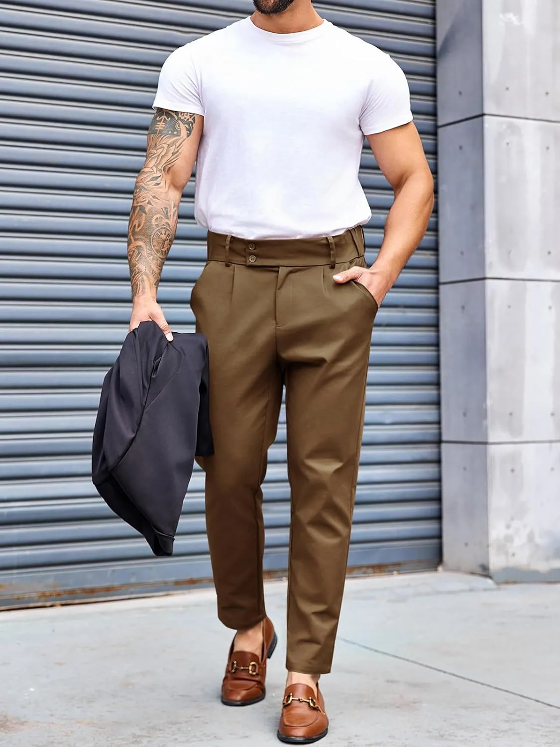 PASLTER Mens Chino Pants Slim Fit Flat Front Stretch Skinny Tapered Dress Pants Casual Trousers