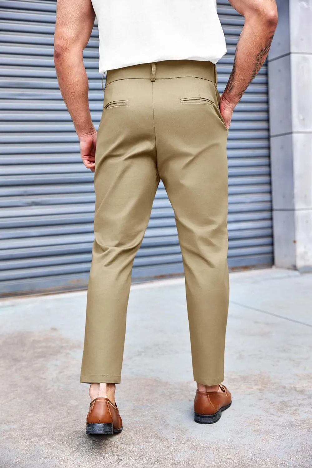 PASLTER Mens Chino Pants Slim Fit Flat Front Stretch Skinny Tapered Dress Pants Casual Trousers