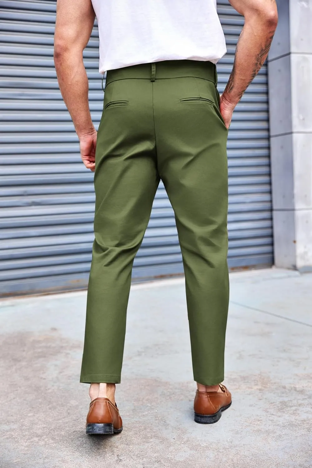 PASLTER Mens Chino Pants Slim Fit Flat Front Stretch Skinny Tapered Dress Pants Casual Trousers