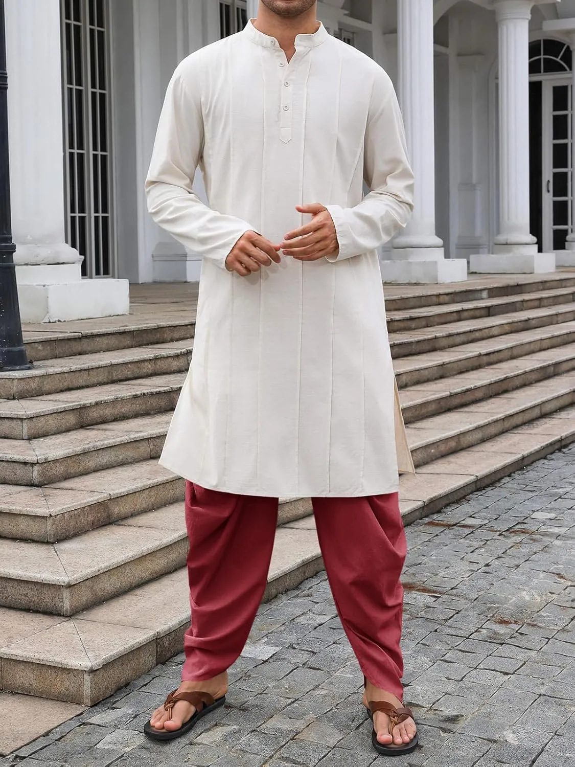 PASLTER Mens Kaftan Linen Cotton Pants Casual Kurta Elastic Waist Harem Baggy Yoga Pants Loose Fit Boho Hippie Trousers