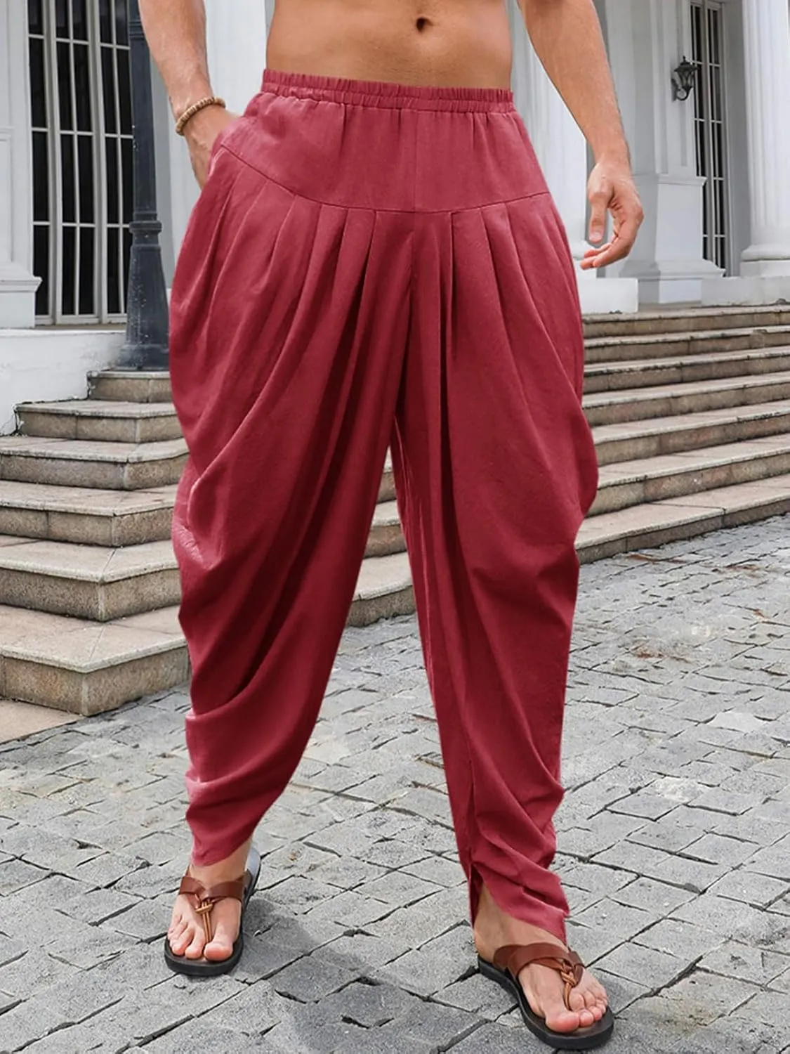 PASLTER Mens Kaftan Linen Cotton Pants Casual Kurta Elastic Waist Harem Baggy Yoga Pants Loose Fit Boho Hippie Trousers