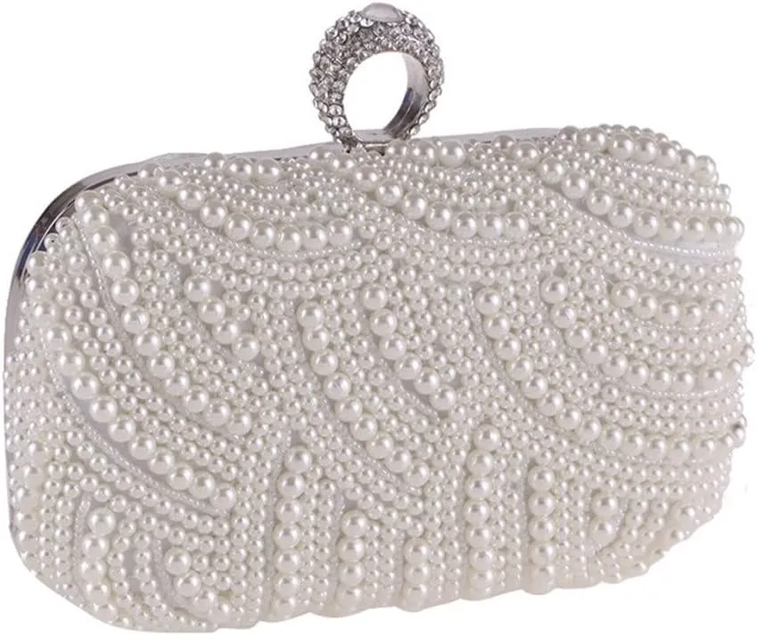 Pearl Clutch Bags Women Purse Ladies White Hand Bags Evening Bags for Party Wedding Black Shoulder Bag(Black)