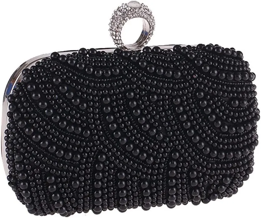 Pearl Clutch Bags Women Purse Ladies White Hand Bags Evening Bags for Party Wedding Black Shoulder Bag(Black)