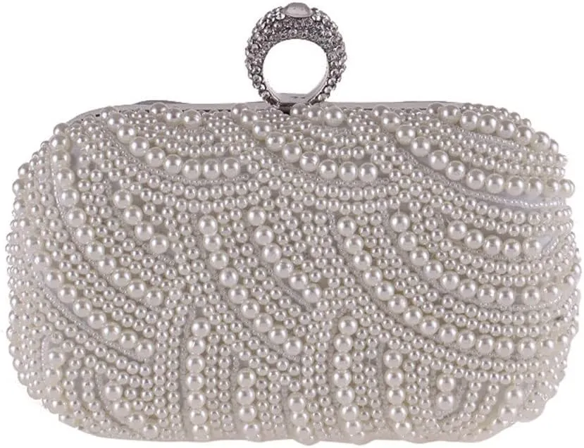Pearl Clutch Bags Women Purse Ladies White Hand Bags Evening Bags for Party Wedding Black Shoulder Bag(Black)