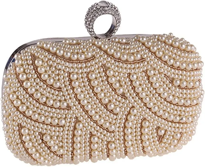 Pearl Clutch Bags Women Purse Ladies White Hand Bags Evening Bags for Party Wedding Black Shoulder Bag(Black)