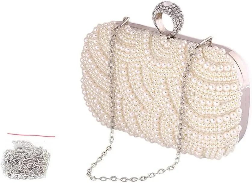 Pearl Clutch Bags Women Purse Ladies White Hand Bags Evening Bags for Party Wedding Black Shoulder Bag(Black)
