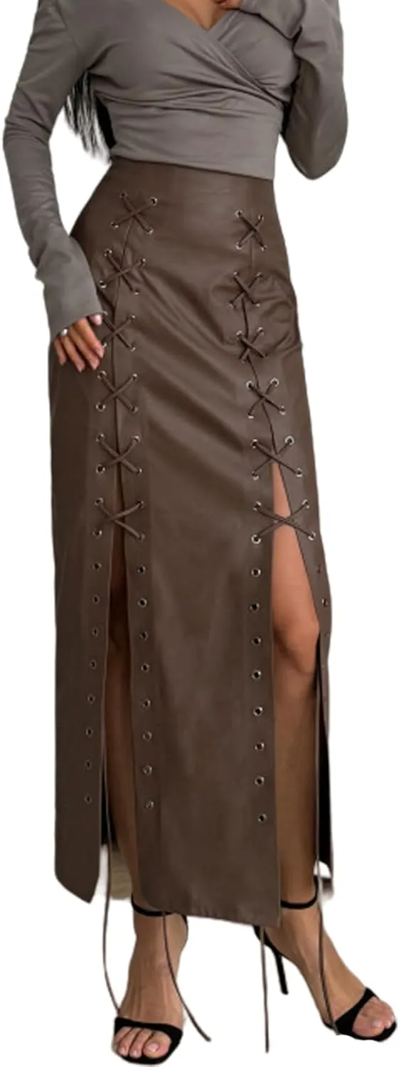 Perbai Womens Faux Leather Skirt Sexy High Waisted Lace Up Split Bodycon Tight Long Pencil Skirt
