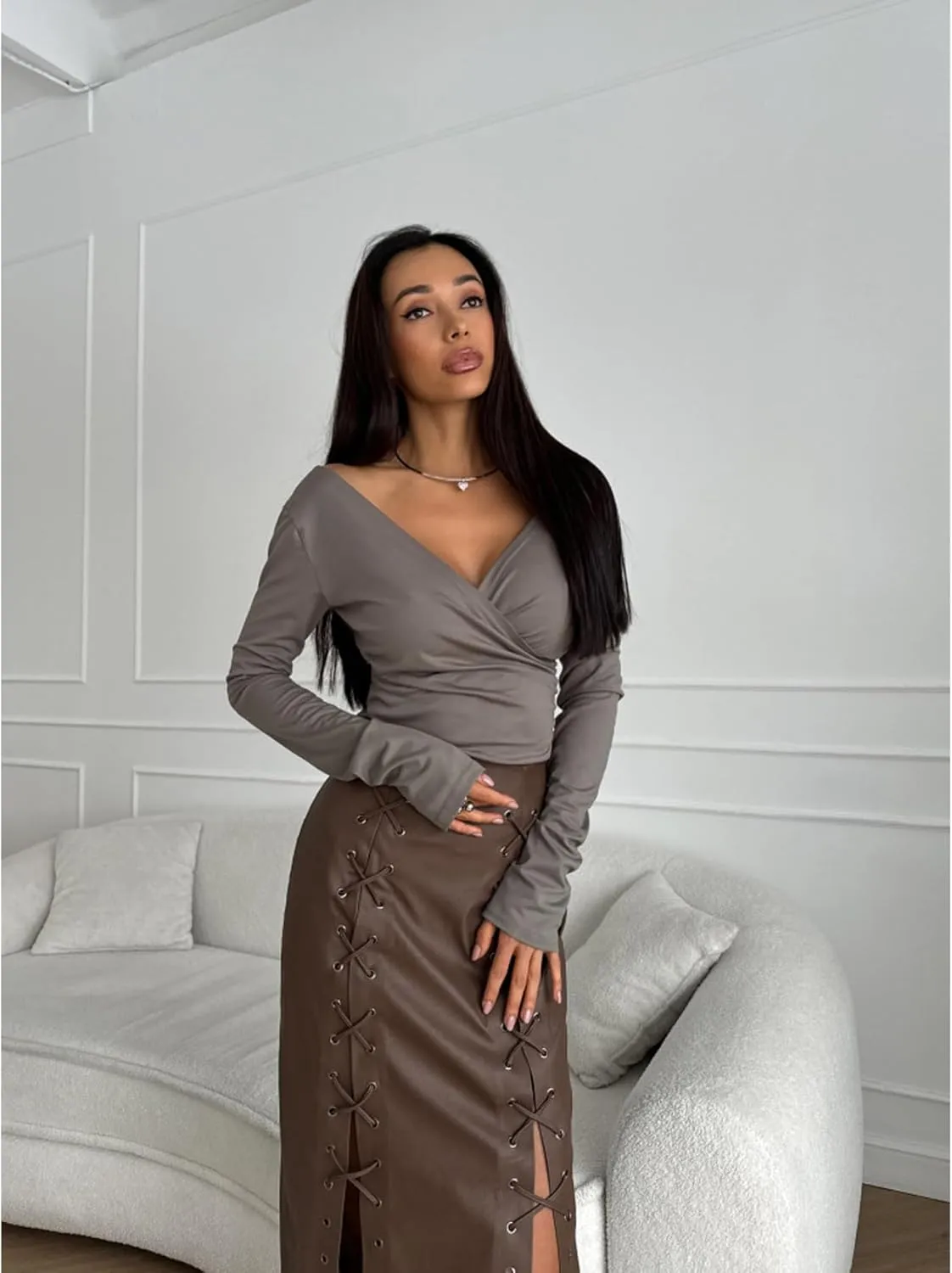 Perbai Womens Faux Leather Skirt Sexy High Waisted Lace Up Split Bodycon Tight Long Pencil Skirt