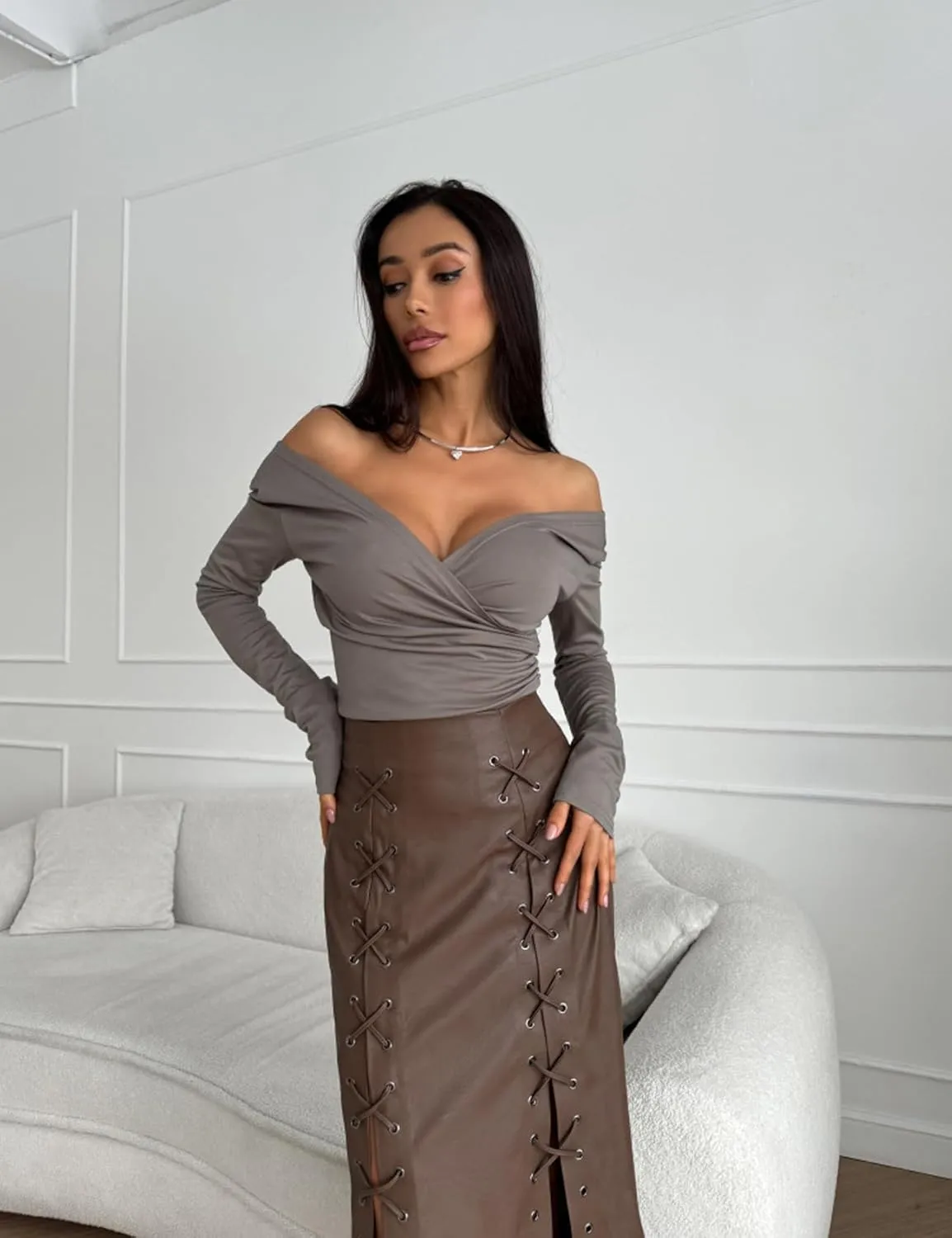 Perbai Womens Faux Leather Skirt Sexy High Waisted Lace Up Split Bodycon Tight Long Pencil Skirt