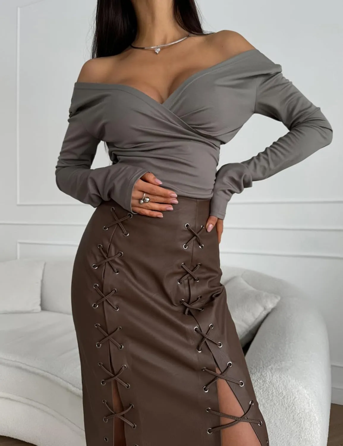 Perbai Womens Faux Leather Skirt Sexy High Waisted Lace Up Split Bodycon Tight Long Pencil Skirt