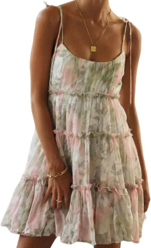 Perbai Womens Summer Floral Mini Dress Ruffle Sleeveless Spaghetti Strap Sundress Boho Flowy Skater Dresses 2025
