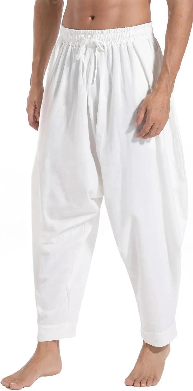 perdontoo Mens Harem Pants Loose Fit Elastic Waist Drawstring Aladdin Hippie Trousers