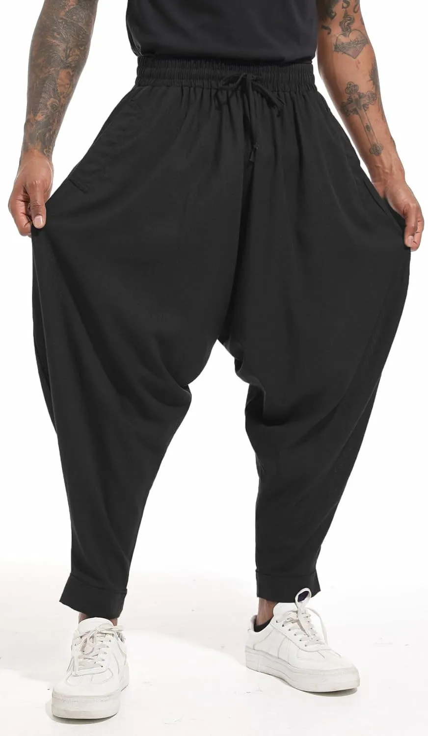 perdontoo Mens Harem Pants Loose Fit Elastic Waist Drawstring Aladdin Hippie Trousers