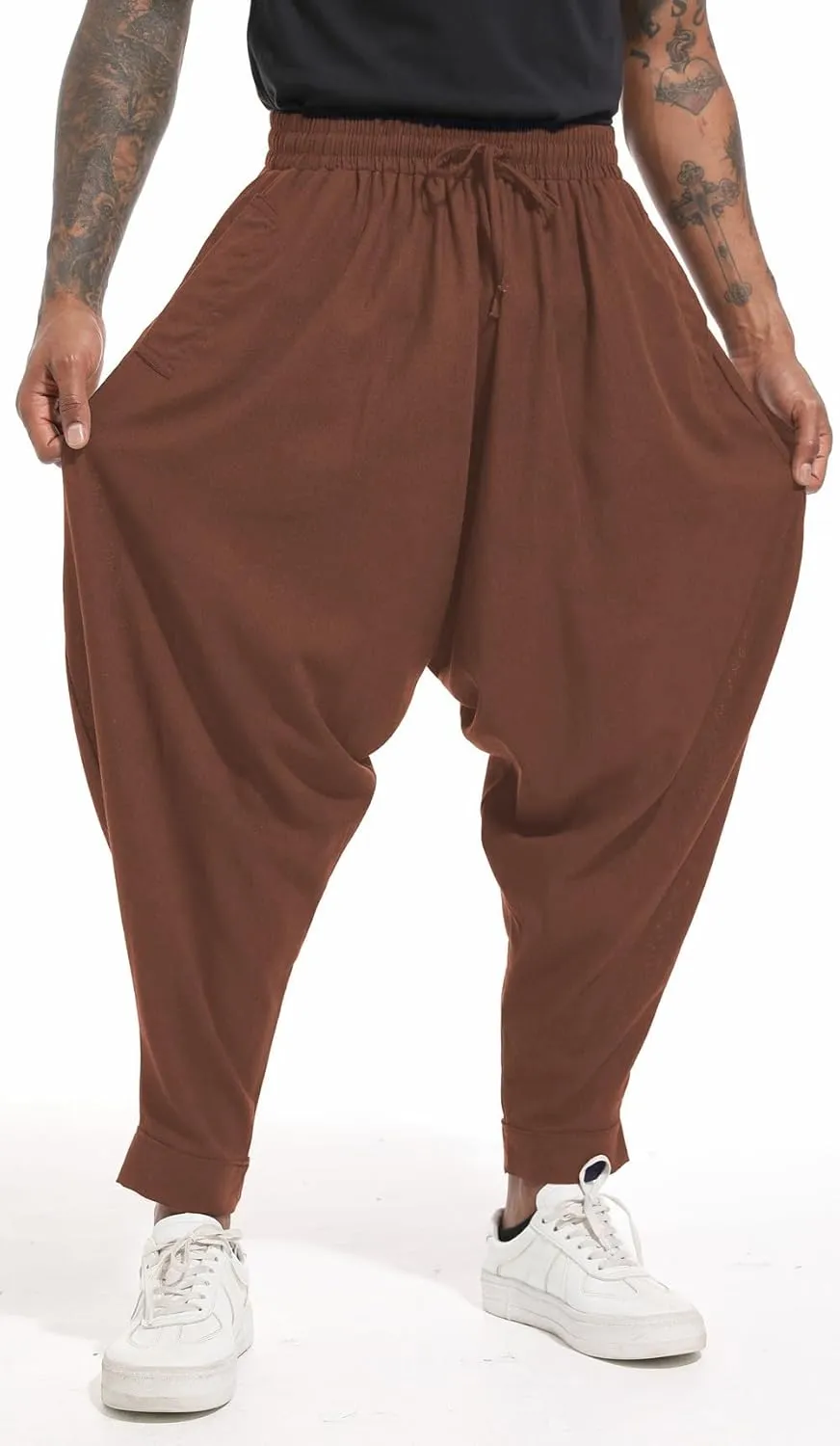perdontoo Mens Harem Pants Loose Fit Elastic Waist Drawstring Aladdin Hippie Trousers