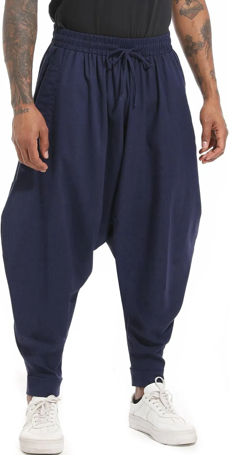 perdontoo Mens Harem Pants Loose Fit Elastic Waist Drawstring Aladdin Hippie Trousers