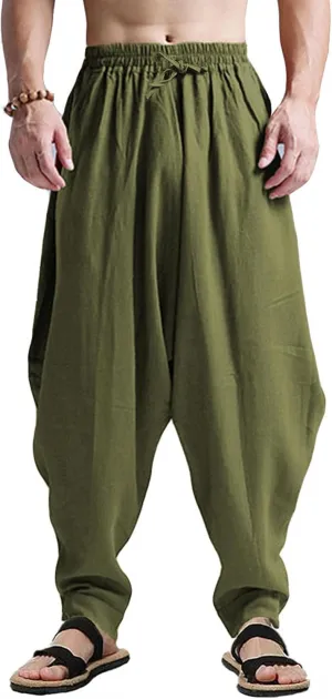 perdontoo Mens Harem Pants Loose Fit Elastic Waist Drawstring Aladdin Hippie Trousers