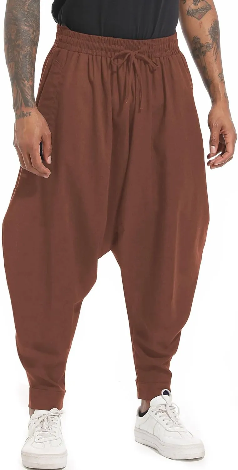 perdontoo Mens Harem Pants Loose Fit Elastic Waist Drawstring Aladdin Hippie Trousers