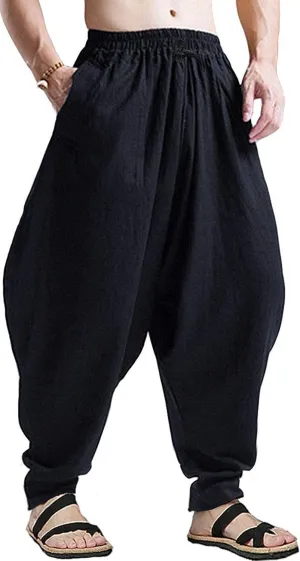 perdontoo Mens Harem Pants Loose Fit Elastic Waist Drawstring Aladdin Hippie Trousers