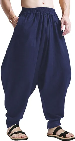 perdontoo Mens Harem Pants Loose Fit Elastic Waist Drawstring Aladdin Hippie Trousers
