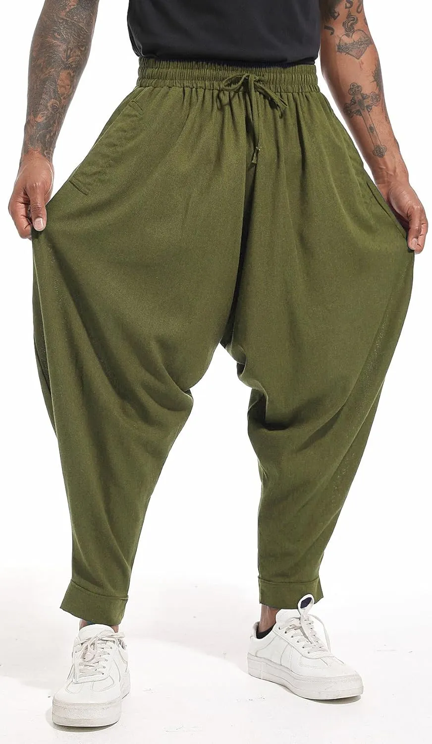 perdontoo Mens Harem Pants Loose Fit Elastic Waist Drawstring Aladdin Hippie Trousers
