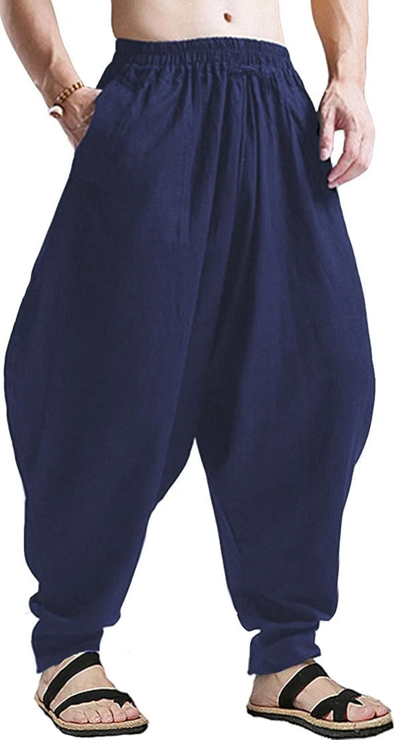perdontoo Mens Harem Pants Loose Fit Elastic Waist Drawstring Aladdin Hippie Trousers