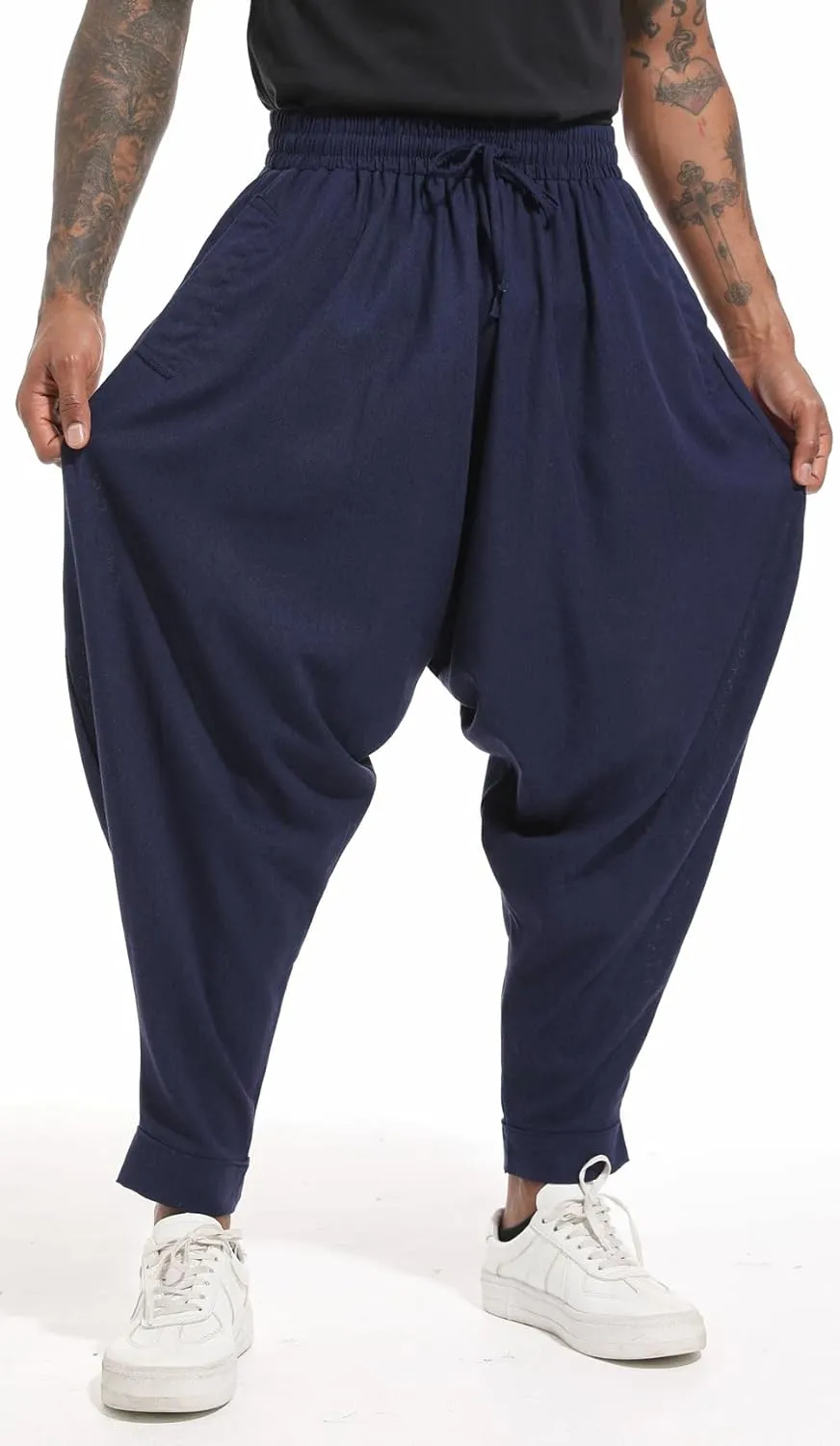 perdontoo Mens Harem Pants Loose Fit Elastic Waist Drawstring Aladdin Hippie Trousers