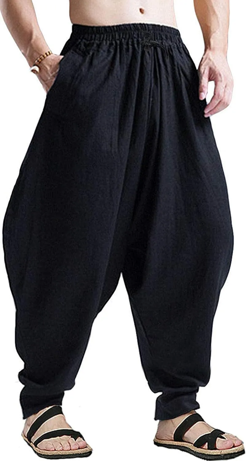 perdontoo Mens Harem Pants Loose Fit Elastic Waist Drawstring Aladdin Hippie Trousers