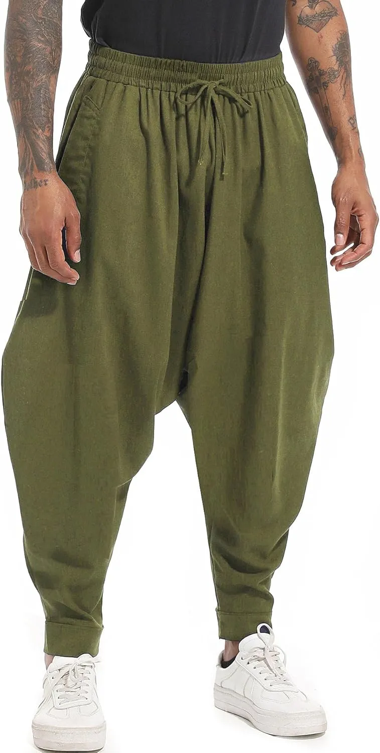 perdontoo Mens Harem Pants Loose Fit Elastic Waist Drawstring Aladdin Hippie Trousers