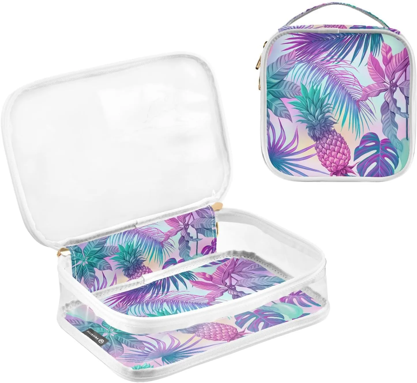 Pineapple Leaves 2 Pieces Clear Makeup Cosmetic Toiletry Bags for Women PVC Waterproof Portable Travel Storage Carry Pouch with Gold Zippers Plastic Tote Bags for Vacation Organizing Traveling