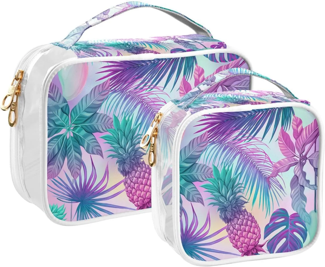Pineapple Leaves 2 Pieces Clear Makeup Cosmetic Toiletry Bags for Women PVC Waterproof Portable Travel Storage Carry Pouch with Gold Zippers Plastic Tote Bags for Vacation Organizing Traveling