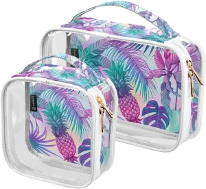 Pineapple Leaves 2 Pieces Clear Makeup Cosmetic Toiletry Bags for Women PVC Waterproof Portable Travel Storage Carry Pouch with Gold Zippers Plastic Tote Bags for Vacation Organizing Traveling