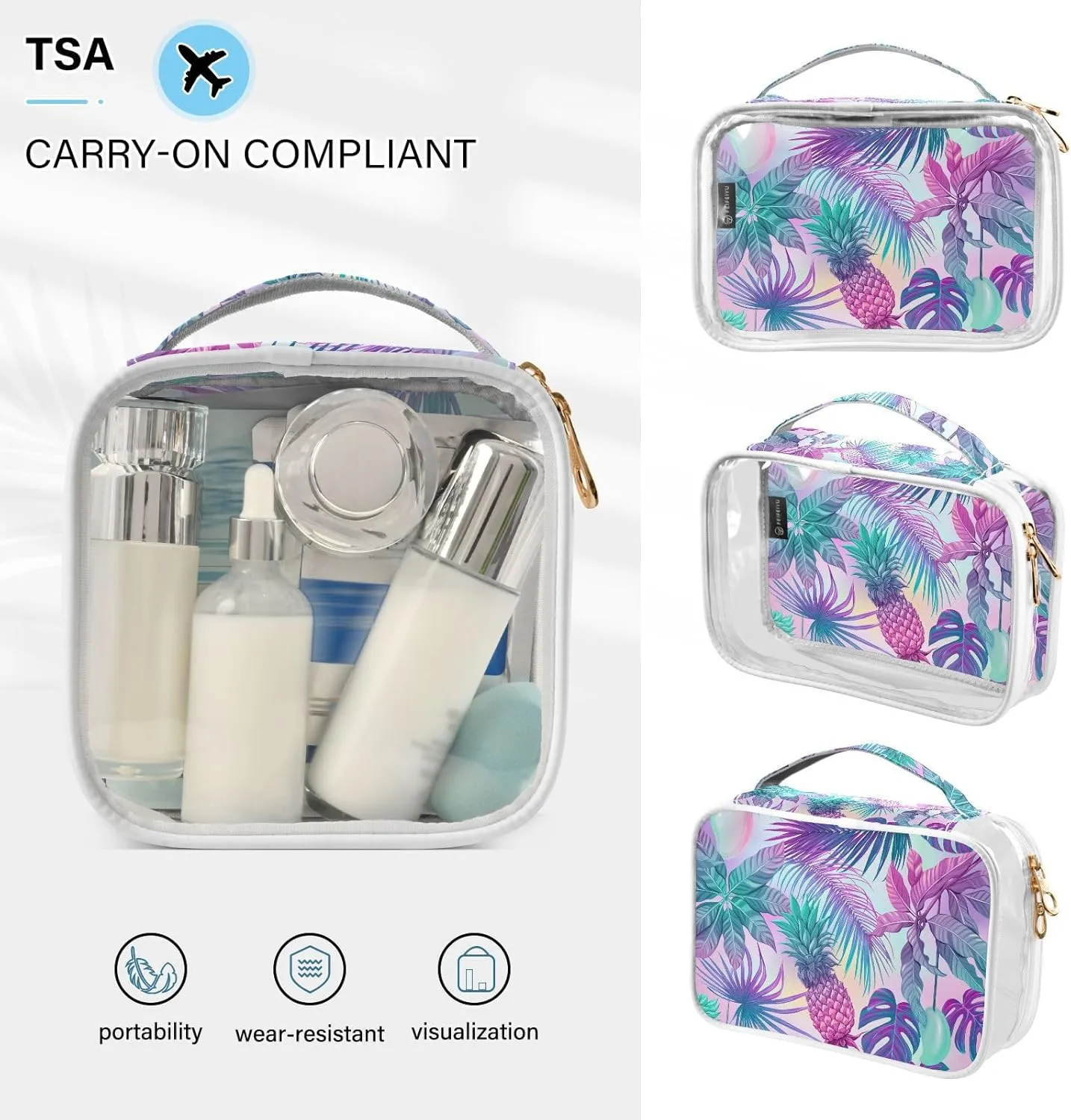 Pineapple Leaves 2 Pieces Clear Makeup Cosmetic Toiletry Bags for Women PVC Waterproof Portable Travel Storage Carry Pouch with Gold Zippers Plastic Tote Bags for Vacation Organizing Traveling