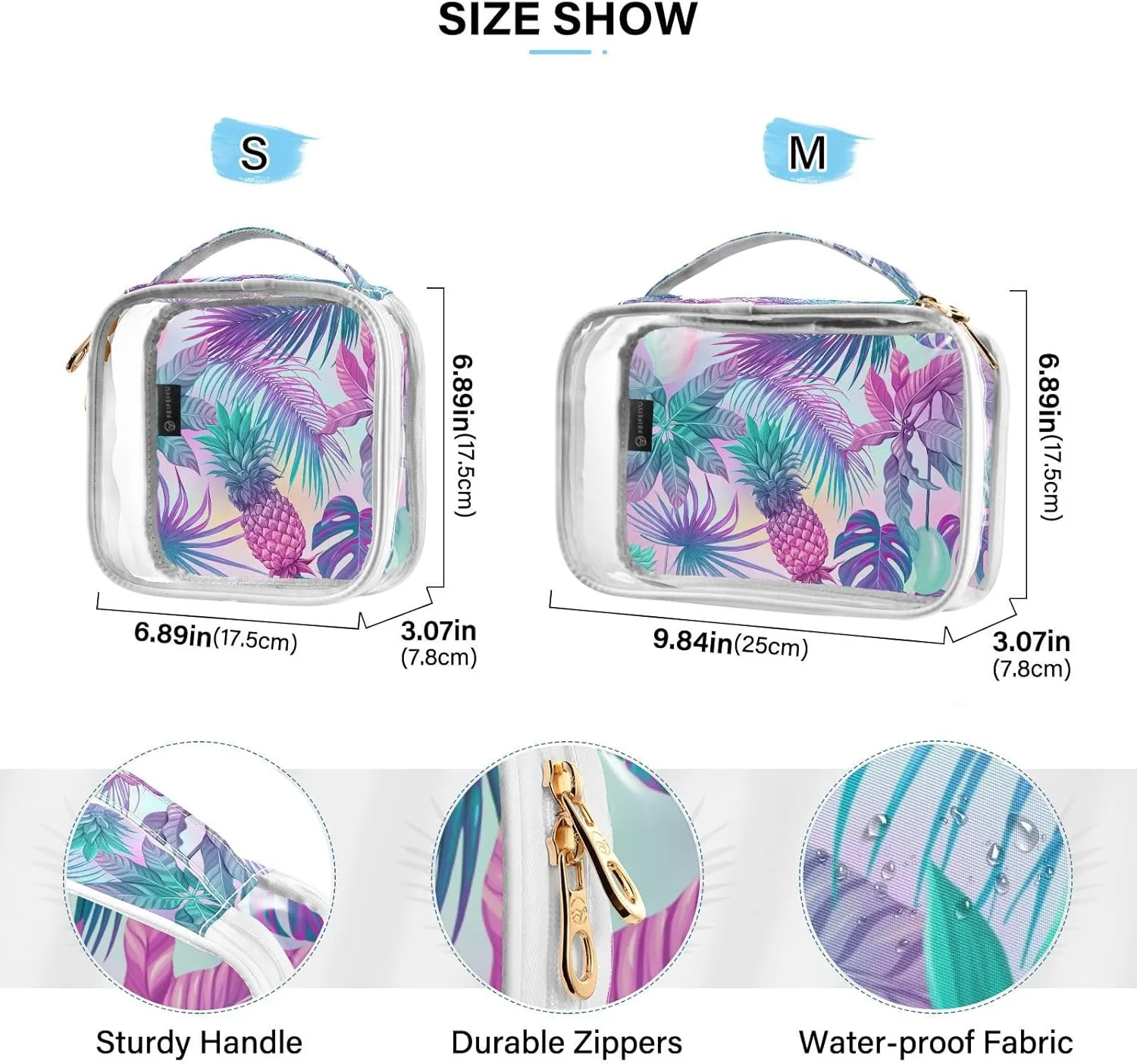 Pineapple Leaves 2 Pieces Clear Makeup Cosmetic Toiletry Bags for Women PVC Waterproof Portable Travel Storage Carry Pouch with Gold Zippers Plastic Tote Bags for Vacation Organizing Traveling