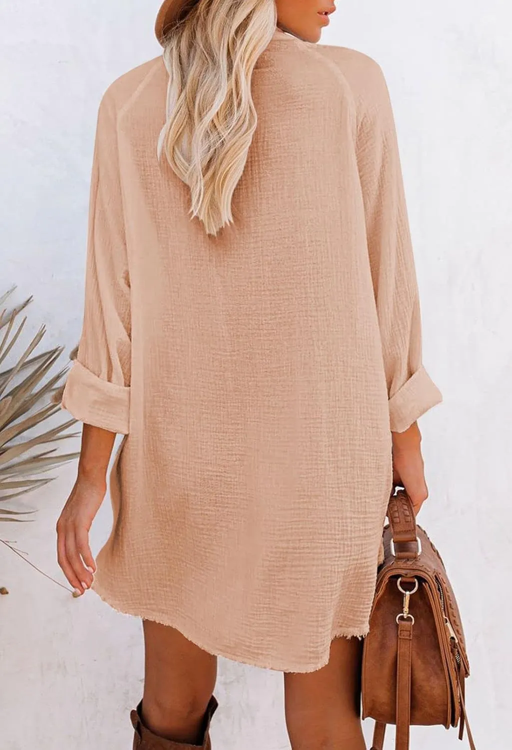 Pink Queen Women's V Neck Long Sleeve Button Down Blouse Tunic Shirt Mini Dress with Pockets