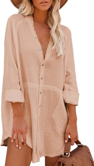 Pink Queen Women's V Neck Long Sleeve Button Down Blouse Tunic Shirt Mini Dress with Pockets