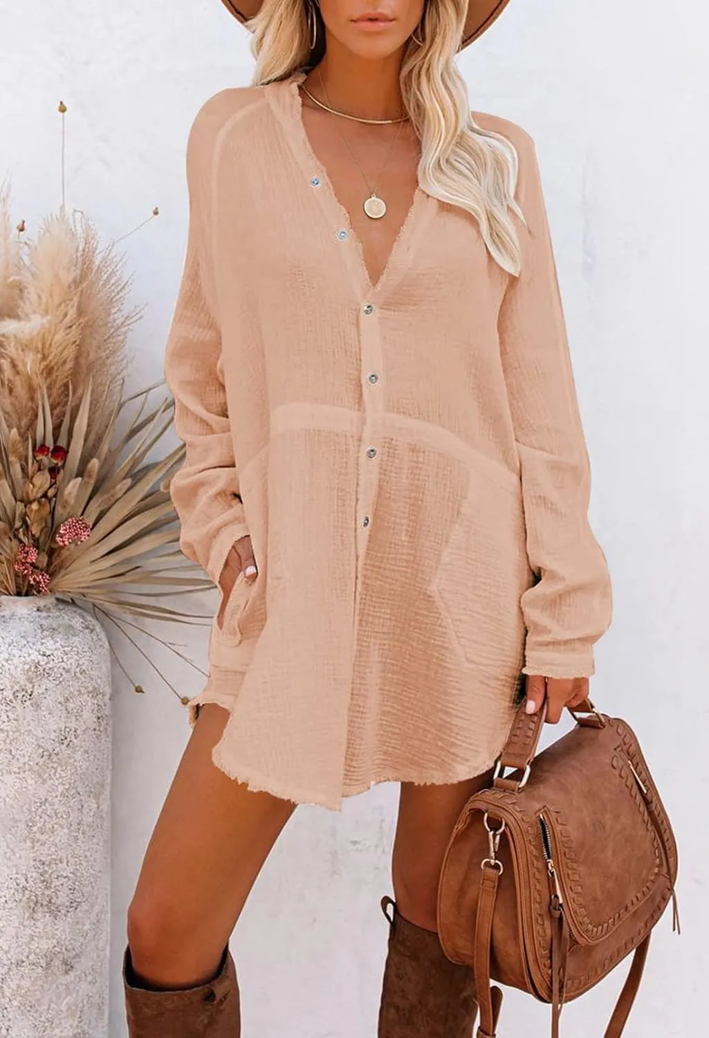 Pink Queen Women's V Neck Long Sleeve Button Down Blouse Tunic Shirt Mini Dress with Pockets